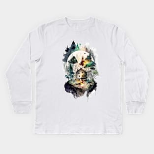 Cozy forest house surrounded with trees 4 Kids Long Sleeve T-Shirt